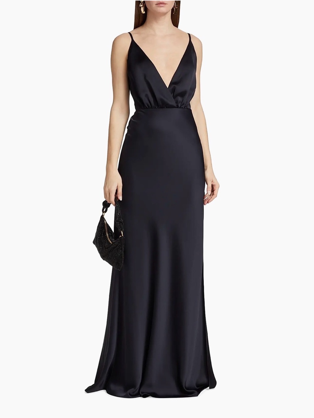 Ramy Brook Vick Black Satin Deep V Maxi Dress Gown
